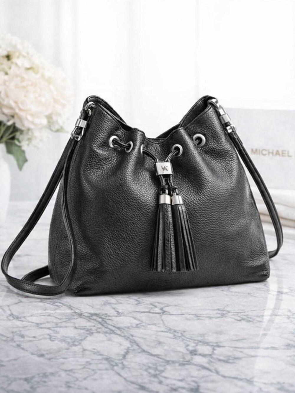Michael Kors Black Pebbled Leather Tassel Shoulder Bag